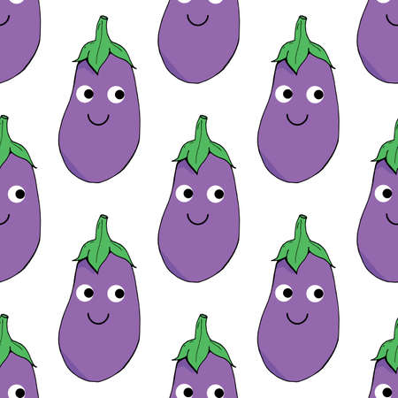 Cute seamless pattern of positive eggplant. Kawaii background for your design.のイラスト素材