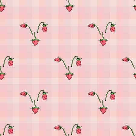 Seamless pattern with little wild strawberries on pink background for fabric, textile, clothes, tablecloth, post cards and other things. Endless background for your design. Vector image.のイラスト素材