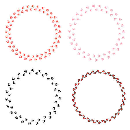 Set of three round frames with traces of cat's feet and one round frame with hearts. Collection of isolated elements on white background for your designのイラスト素材