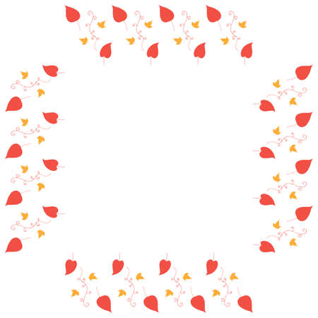 Square frame with vertical red leaves, decorative elements and little yellow leaves on white background. Isolated wreath for your design.のイラスト素材