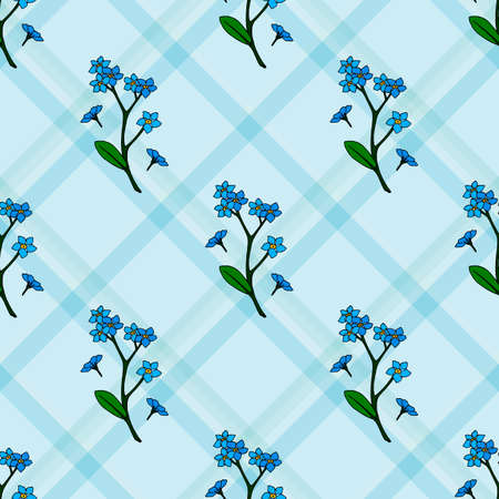 Seamless pattern with forget-me-nots on blue checkered background. Endless pattern with flowers for your design.のイラスト素材