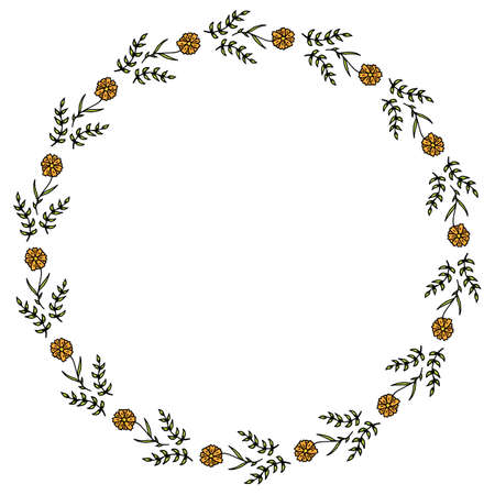 Round frame with horizontal orange flowers and green branches. Isolated frame on white background.のイラスト素材