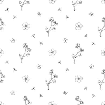 Seamless pattern with black-and white flowers forget-me-not and buttercup for fabric, textile, clothes, tablecloth and other things. Vector image.のイラスト素材