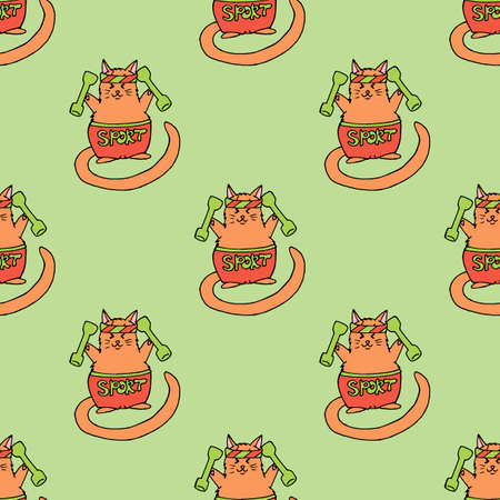 Seamless background with orange sport cat on green background. Endless pattern for your design. Vector.のイラスト素材