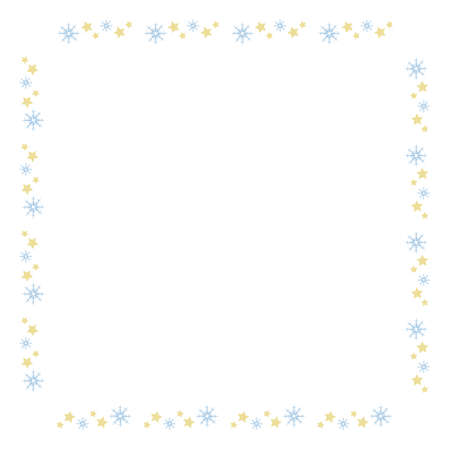 Square frame with light blue snowflakes and yellow stars on white background. Vector image.のイラスト素材