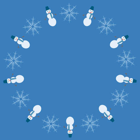 Round frame with snowmen and snowflakes on blue background. Vector image.のイラスト素材