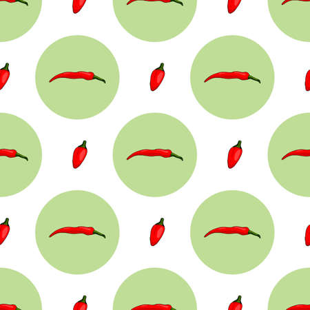 Seamless pattern with stylish red hot chili peppers and green circles for fabric, textile, clothes, tablecloth and other things. Vector image.のイラスト素材