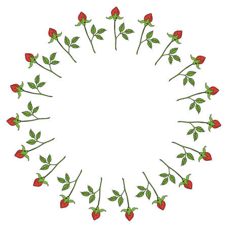 Round frame with vertical red rose buds on white background. Vector image.のイラスト素材