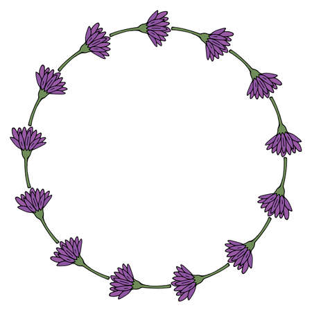 Round frame with horizontal violet flowers on white background. Vector image.のイラスト素材