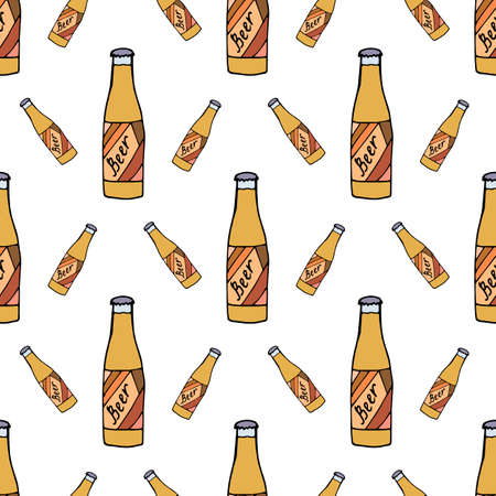 Seamless pattern with beer bottle on white background. Vector image.のイラスト素材
