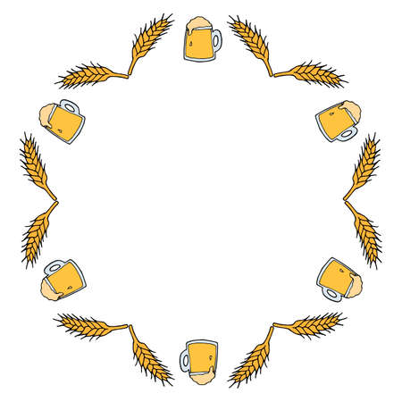 Round frame with cozy beer mugs on white background. Vector image.のイラスト素材