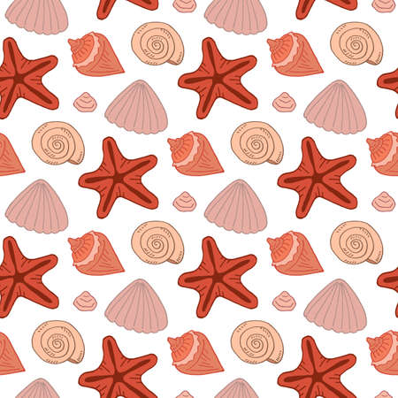 Seamless pattern with beautiful sea shells and starfish on white background. Vector image.のイラスト素材