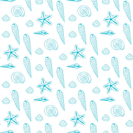 Seamless pattern with blue sea shells on white background. Vector image.のイラスト素材