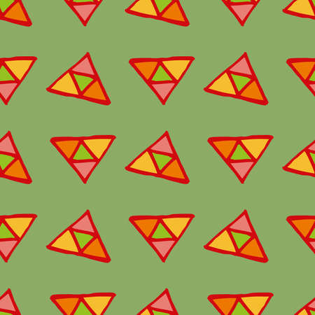 Abstract pattern with multicolored doodle decorative elements on discreet green background for fabric, textile, clothes, tablecloth and other things. Vector image.のイラスト素材