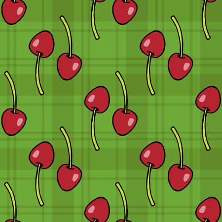 Seamless pattern with cozy cherries on bright green background for fabric, textile, clothes,...