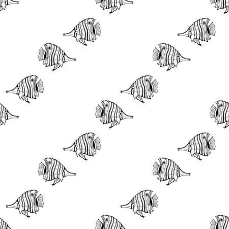 Seamless pattern with cute black-and-white sea fish on white background for fabric, textile, clothes, tablecloth and other things. Vector image.のイラスト素材