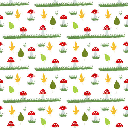 Seamless pattern with creative amanita muscaria and autumn leaves on white background. Vector image.のイラスト素材