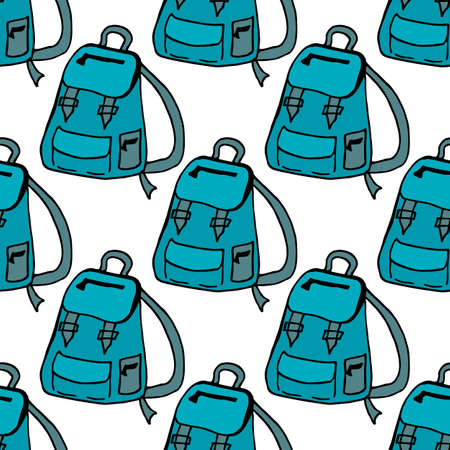 Seamless pattern with creative blue backpacks on white background. Doodle style. Vector image.のイラスト素材