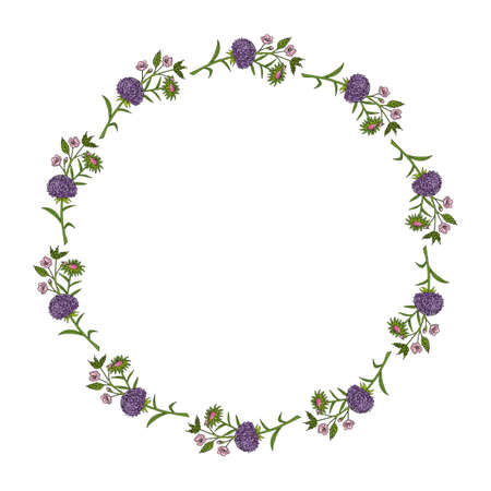 Round frame with pink and violet aster flowers and sakura branches on white background. Doodle style. Vector image.のイラスト素材