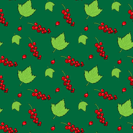 Seamless pattern with red currant and its leaves on bright green background. Vector image.のイラスト素材