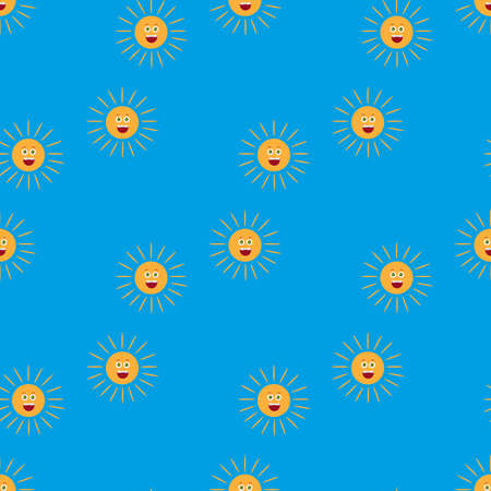 Seamless pattern with smiling sun on blue background. Vector image.のイラスト素材