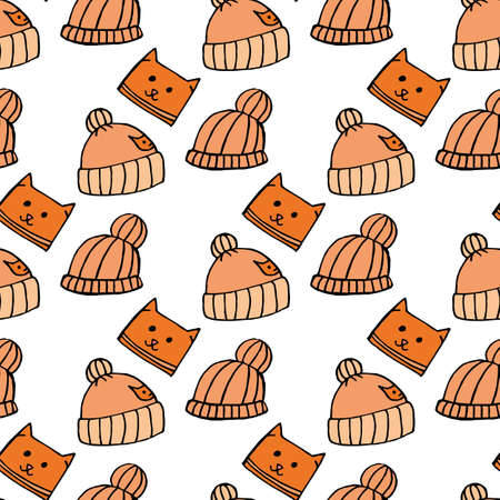 Seamless pattern with orange winter hats on white background. Doodle style. Vector image.のイラスト素材