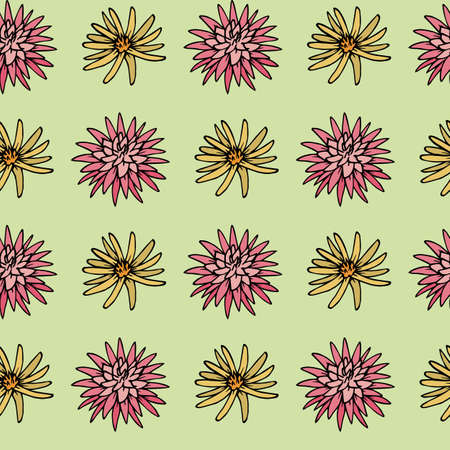 Seamless pattern with pink and yellow flowers on green background. Vector image.