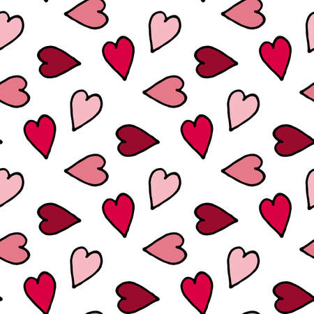 Seamless pattern in pink hearts on white background. Vector image.