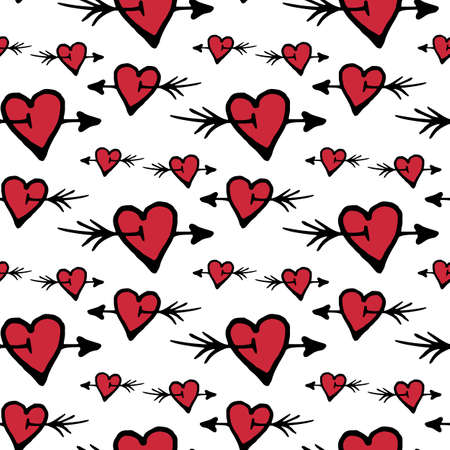 Seamless pattern with creative red hearts on white background. Vector image.のイラスト素材
