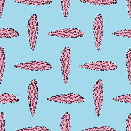 Seamless pattern with pink sea shell on blue background. Vector image.のイラスト素材