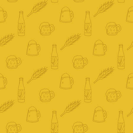 Seamless pattern with beer mugs and bottle on yellow background. Vector image.のイラスト素材