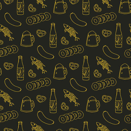 Seamless pattern with beer mugs and bottle and snacks on black background. Vector image.のイラスト素材