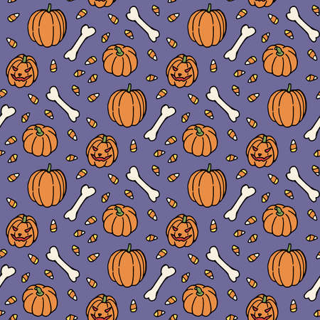 Seamless pattern with scary pumpkin, bones and candies on discreet violet background. Vector image.のイラスト素材