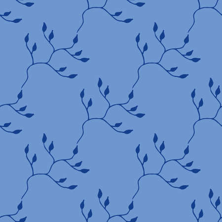 Seamless pattern with dark blue branches on light blue background. Vector image.