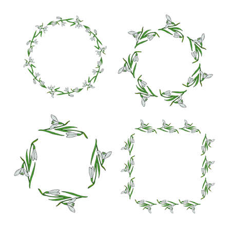 Set of frames with cozy snowdrops. Vector image. Spring flowersのイラスト素材