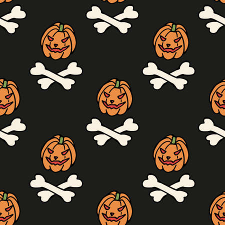 Seamless pattern with scary pumpkin and bones on black background. Vector image.のイラスト素材