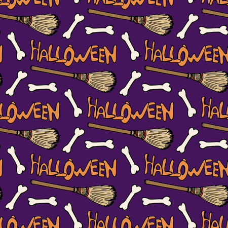 Seamless pattern with text Halloween, broom and bones on violet background. Vector image.のイラスト素材