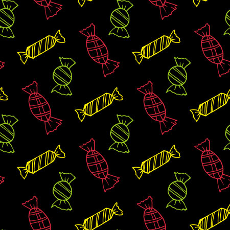 Seamless pattern with red, green and yellow candies on black background. Vector image.のイラスト素材