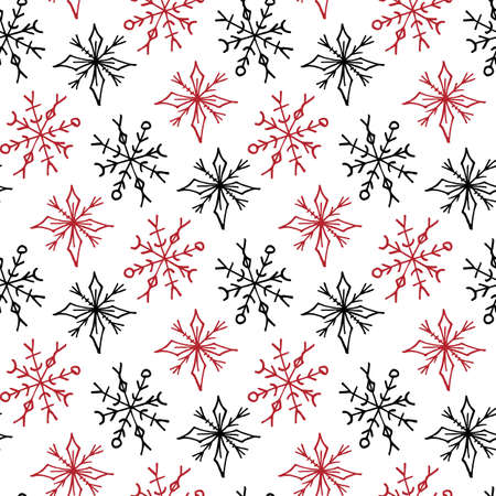 Seamless pattern with handdrawn red and black snowflakes on white background. Vector image.のイラスト素材