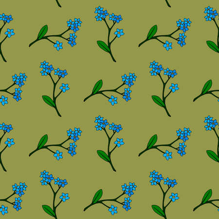 Seamless pattern with flowers forget-me-not on cozy green background. Vector image.のイラスト素材