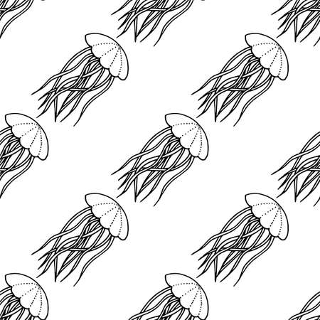 Seamless pattern with black-and-white jellyfish on white background. Vector image.のイラスト素材