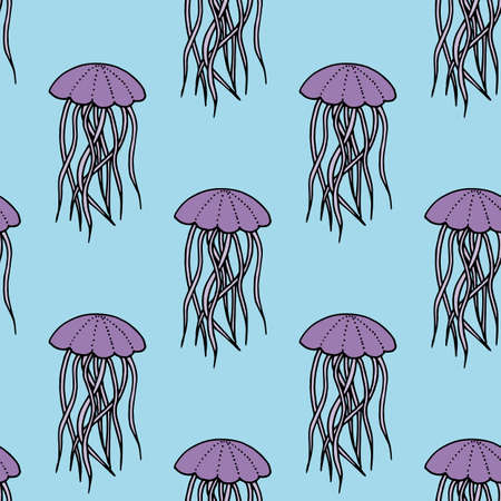 Seamless pattern with cozy violet jellyfish on light blue background. Vector image.のイラスト素材