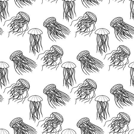 Seamless pattern with creative black-and-white jellyfish on white background. Vector image.のイラスト素材