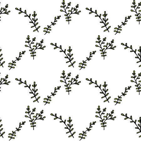 Seamless pattern with bright green branches on white background. Vector image.のイラスト素材