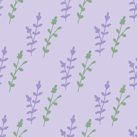 Seamless pattern with discreet violet and green branches on light lilac background. Vector image.のイラスト素材