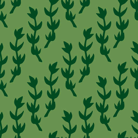 Seamless pattern with dark green branches on cute green background. Vector image.のイラスト素材