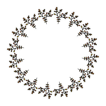 Round frame with positive autumn branches on white background. Vector image.のイラスト素材