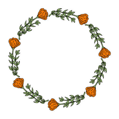 Round frame with orange flowers on white background. Vector image.のイラスト素材