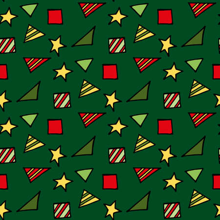 Seamless pattern with stars, triangles, squares on dark green background. Vector image.のイラスト素材