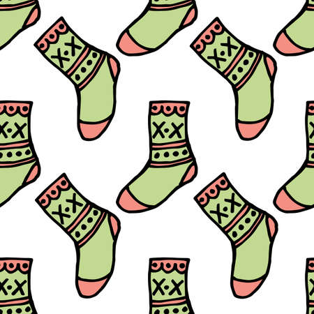 Seamless pattern with creative pink and green socks on white background. Vector image.のイラスト素材